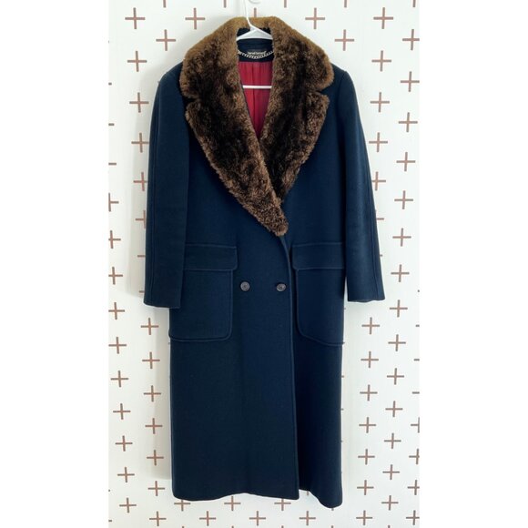 Vintage Harvè Bernard Long Navy Wool Coat with Brown Faux Fur Collar - Picture 1 of 6